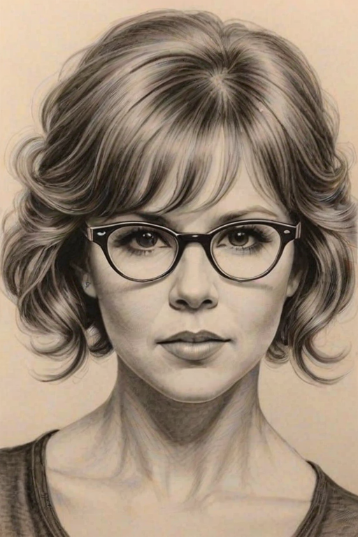 Enticing Linda Blair, pencil sketch, portrait of Magnificent woman 1924s in glasses, hair style beatnik, outline, clear lines, fine lines, 8k