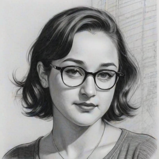 Elegant Zelda Williams, pencil sketch, portrait of Fascinating woman 1952s in glasses, hair style beatnik, outline, clear lines, fine lines, 8k