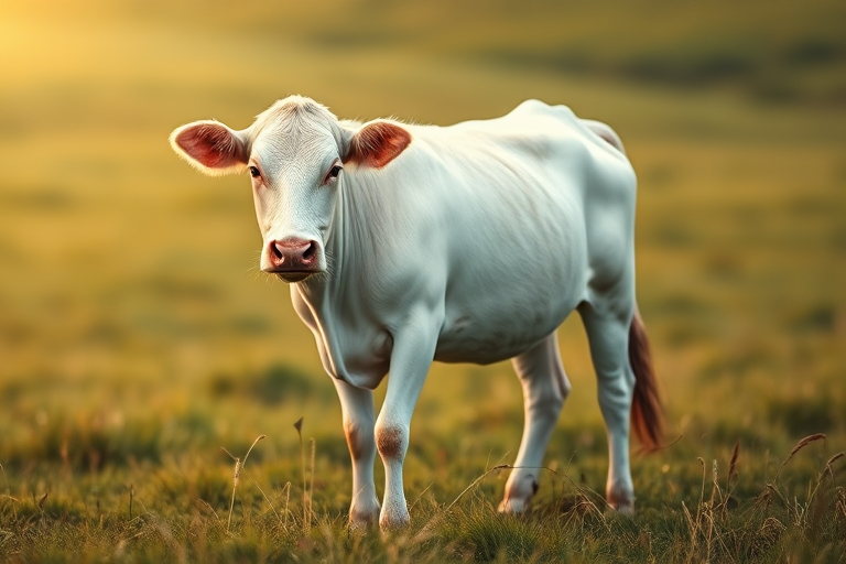Create a realistic illustration of a white cow standing in a grassy field, captured with a Canon EOS 5D Mark IV at f/8 aperture, 1/200 sec shutter speed, 100 ISO, using a 50mm lens to focus on the cow with a shallow depth of field for a dreamy background effect.