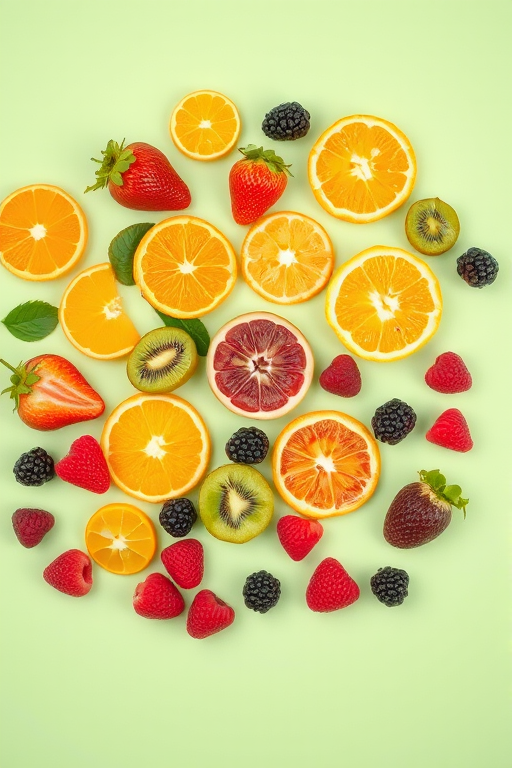 Create a vibrant and colorful flat lay of assorted fruits including strawberries, oranges, kiwis, blackberries, and raspberries arranged on a light green background, shot with a DSLR camera using a 50mm lens, aperture f/2.8, ISO 100, and natural lighting for enhanced clarity and color saturation.