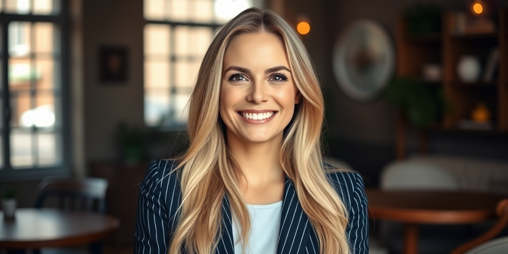 portrait of a smiling woman with long blonde hair wearing a pinstripe blazer in a cozy interior, soft natural lighting, 85mm lens, f/1.8, ISO 100, shallow depth of field, taken with a DSLR camera