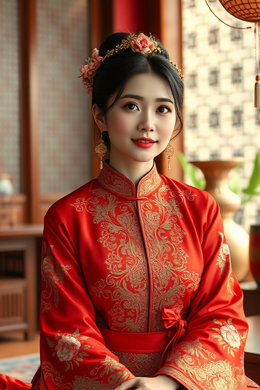 A beautiful Vietnamese woman in traditional East Asian attire, intricately detailed with embroidered patterns, sitting gracefully in a richly decorated room, soft ambient lighting, serene and elegant, ultra-realistic, 8K resolution