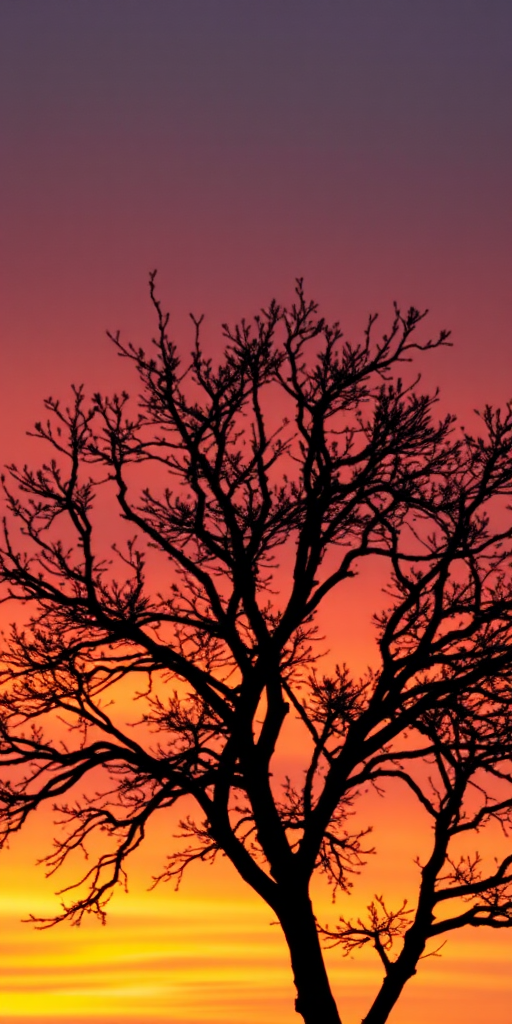 Generate a high-quality image of a silhouette of a tree against a sunset sky, using a Canon EOS R5 camera, 50mm lens, f/1.8 aperture, ISO 200, with a shallow depth of field and vibrant color saturation.