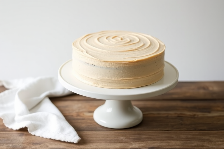 A simple round cake with smooth beige frosting on a white cake stand set on a rustic wooden table with a soft white cloth nearby against a light background.