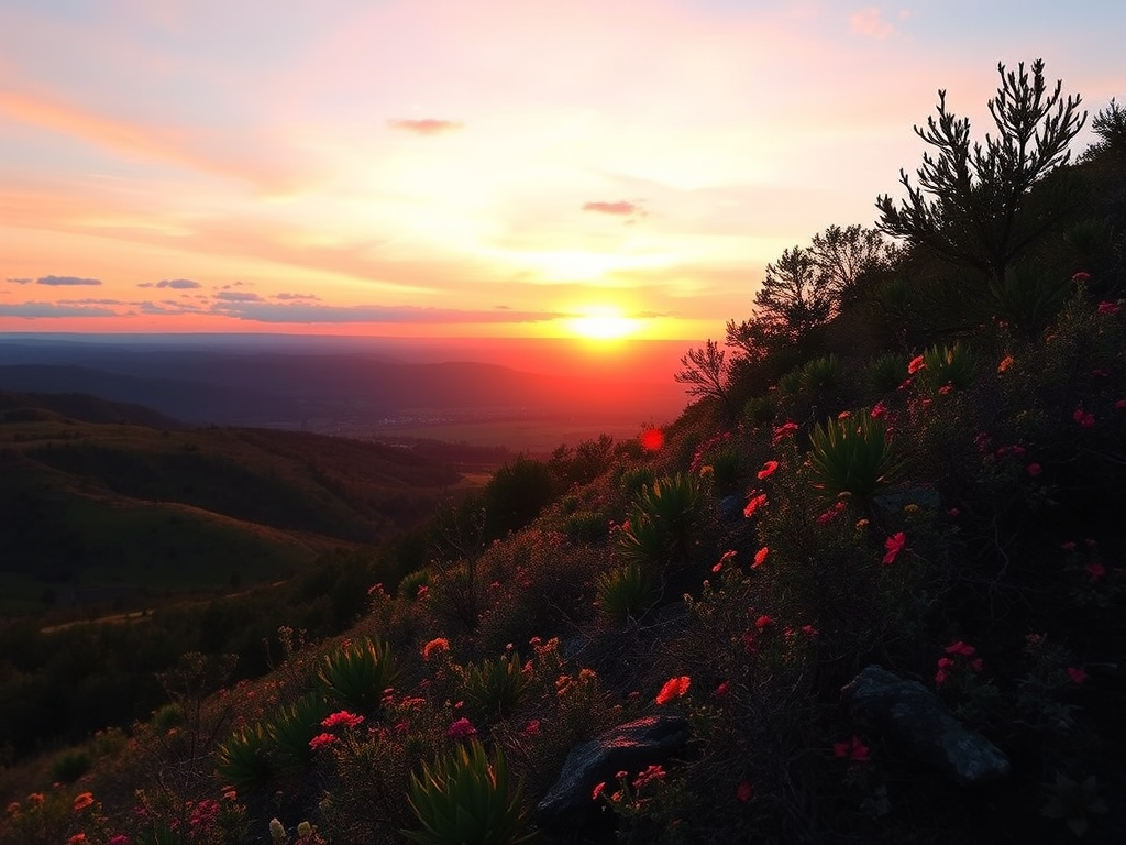Create an enhanced image of a picturesque landscape during sunset with a wide-angle view, using a Canon EOS R camera, aperture f/8, ISO 100, shutter speed 1/125s, capturing vibrant colors and rich detail.