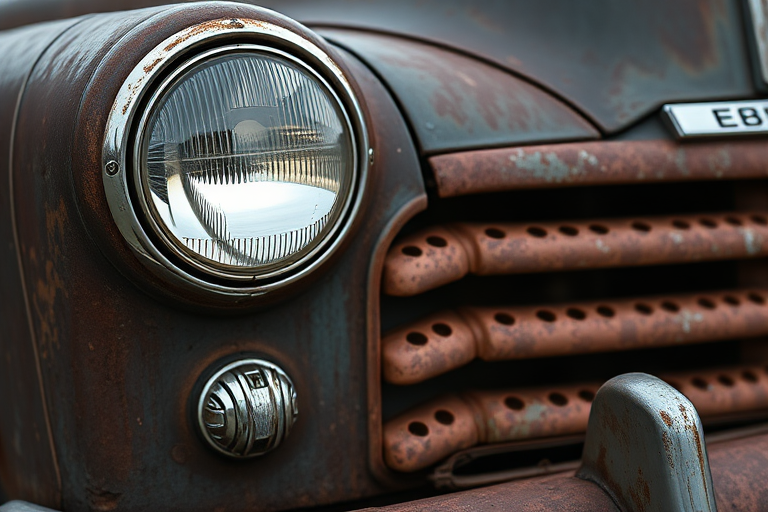 high-resolution close-up shot of a vintage rusty car with reflective headlights, f/8 aperture, ISO 100, 1/200 sec shutter speed, 35mm lens, taken with a DSLR camera from a low angle to emphasize texture and detail