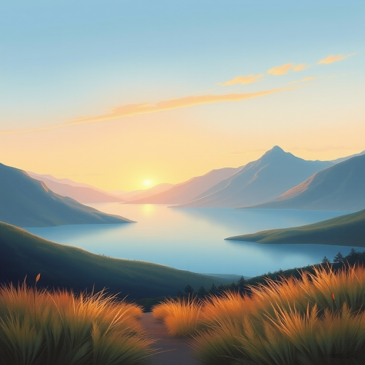 a serene landscape painting featuring a calm body of water surrounded by mountains at sunset, with soft pastel colors and gentle grassy foreground elements