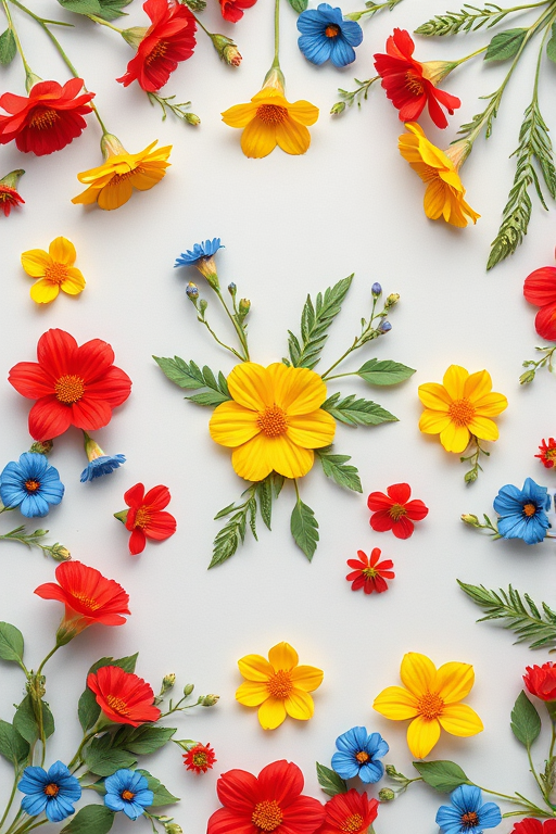 floral pattern design with vibrant red, yellow, and blue flowers and green leaves on a light gray background, shot with a Canon EOS 5D Mark IV at f/8, ISO 200, 50mm lens, top-down view, soft lighting for enhanced color details, high-resolution image