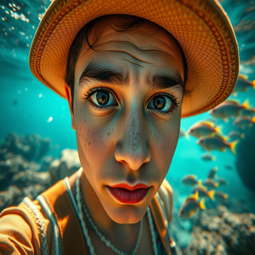 Realistic selfie image of a Hispanic, wearing a vintage outfit, detailed dreamy eyes, droopy hooded eyes, staring at the camera, taken underwater at coral reef with a sunbeam filtering through the water, vibrant, summer vacation, natural lighting, turtle and school of tropical fish with vibrant colors, rendered in the style of CryEngine, Pegi Nicol MacLeod, with realistic genre scenes, hauntingly beautiful narratives, ultra-realism, and Thomas Saliot's close-up technique, 8K resolution, crystal clear and sparkling water.