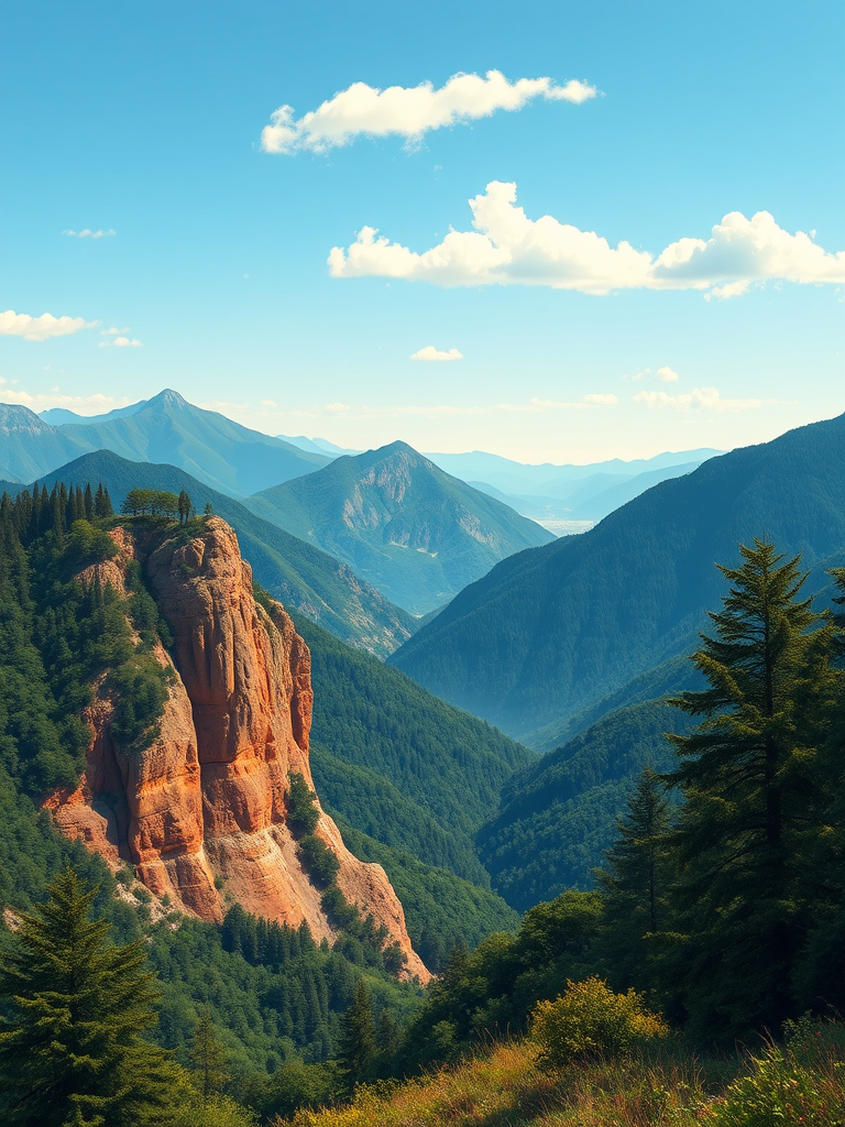 create a vibrant digital illustration of rolling mountains and dense greenery, focus on warm earth tones for the mountains, include a clear blue sky with soft clouds, use a wide-angle view, employ a flat design style typical of vector art, simulate a high-resolution camera shot at f/8 aperture, ISO 100, 24mm focal length