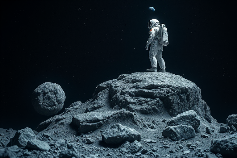 Astronaut standing on a rocky asteroid with two smaller asteroids nearby, captured with a Canon EOS R5, 24mm lens, f/2.8 aperture, ISO 100, 1/500 sec exposure, wide-angle view, high dynamic range for enhanced details and contrast, nighttime space setting.