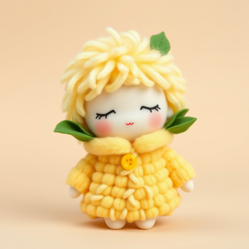 A cute doll resembling a *cereal*, dressed in a fluffy yellow coat that mimics the texture of corn kernels. The doll has soft, closed eyes and light blonde hair, adorned with green leaves and a yellow button at the collar. The background is a soft beige to complement the colors of the doll, and the overall style is whimsical and pastel, emphasizing a cozy, huggable appearance.