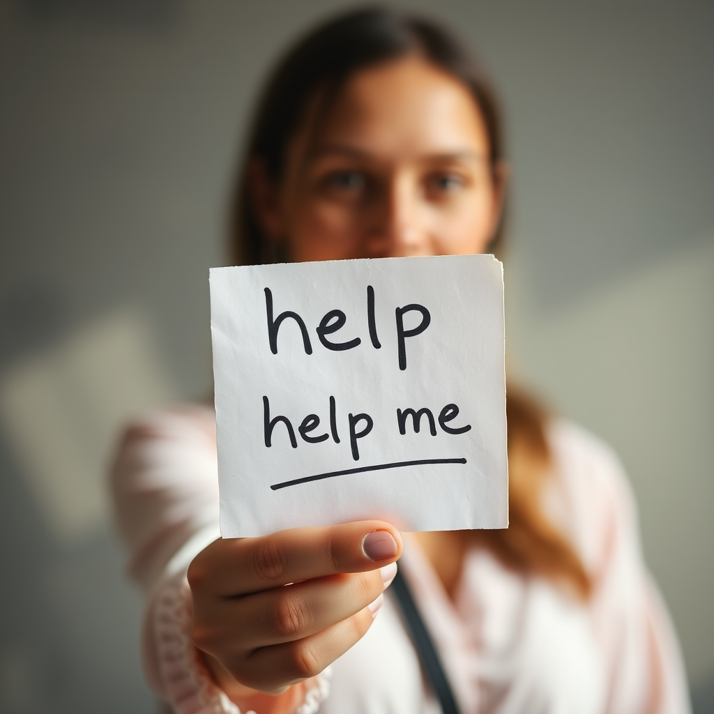 woman holding a note which says "help me"