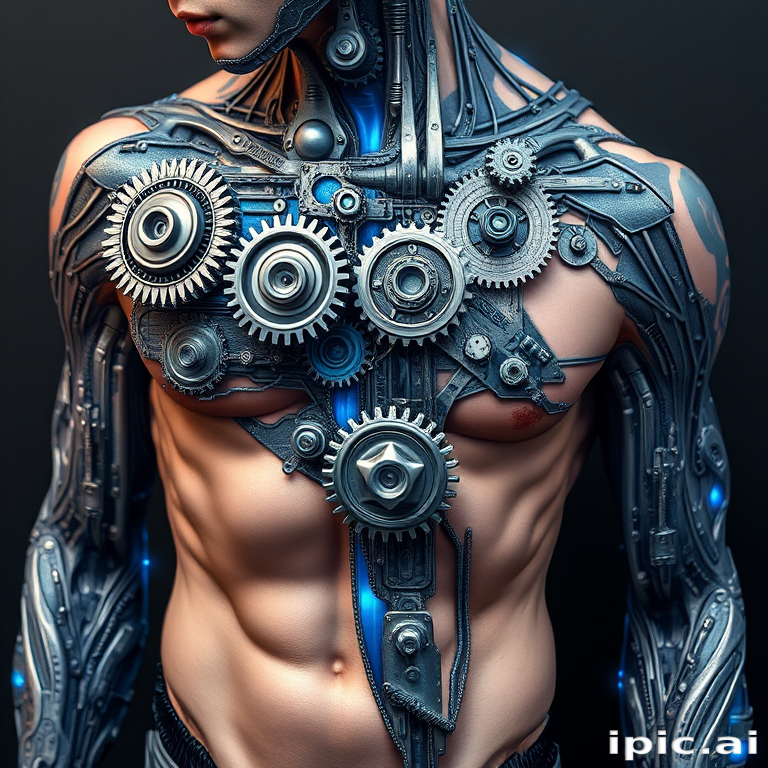 Realistic 3D biomechanical tattoo titled "Cybernetic Fusion" depicting hyper-detailed mechanical gears and circuits seamlessly blending with human anatomy using shades of metallic silver and electric blue