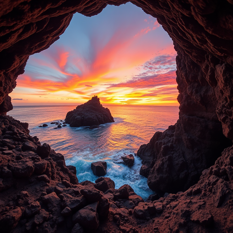 capture a stunning seascape at sunset through a rocky cave entrance with vibrant colors in the sky, use a Canon EOS R5, 24mm lens, f/8 aperture, ISO 100, 1/125s shutter speed, HDR style, wide-angle view to enhance the depth and detail of the scene.
