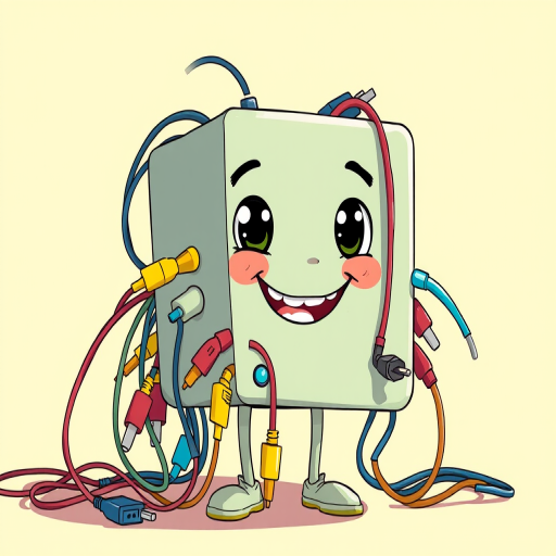 Create a whimsical illustration of a cartoon character shaped like a cube, with a friendly expression and numerous colorful cables and plugs tangled around its body, shot with a Canon EOS 5D Mark IV, 50mm lens, f/2.8, ISO 100, natural sunlight for balanced exposure and vibrant colors.