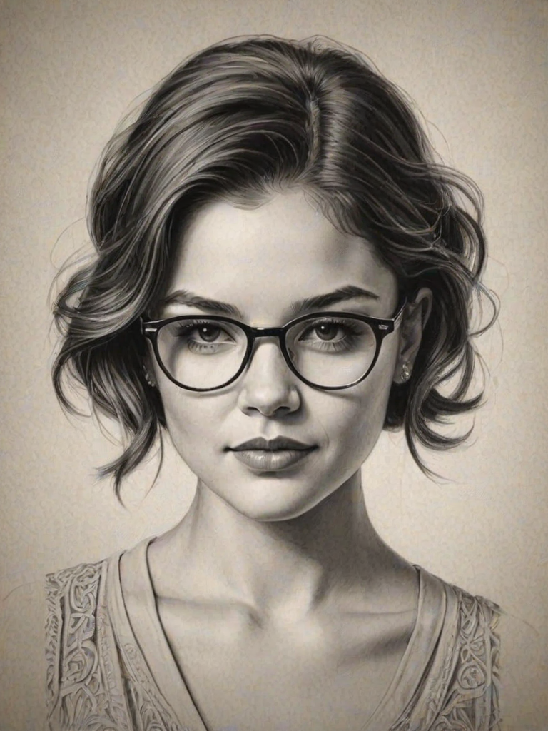 Sublime Danielle Campbell, pencil sketch, portrait of Exquisite woman 1920s in glasses, hair style beatnik, outline, clear lines, fine lines, 8k