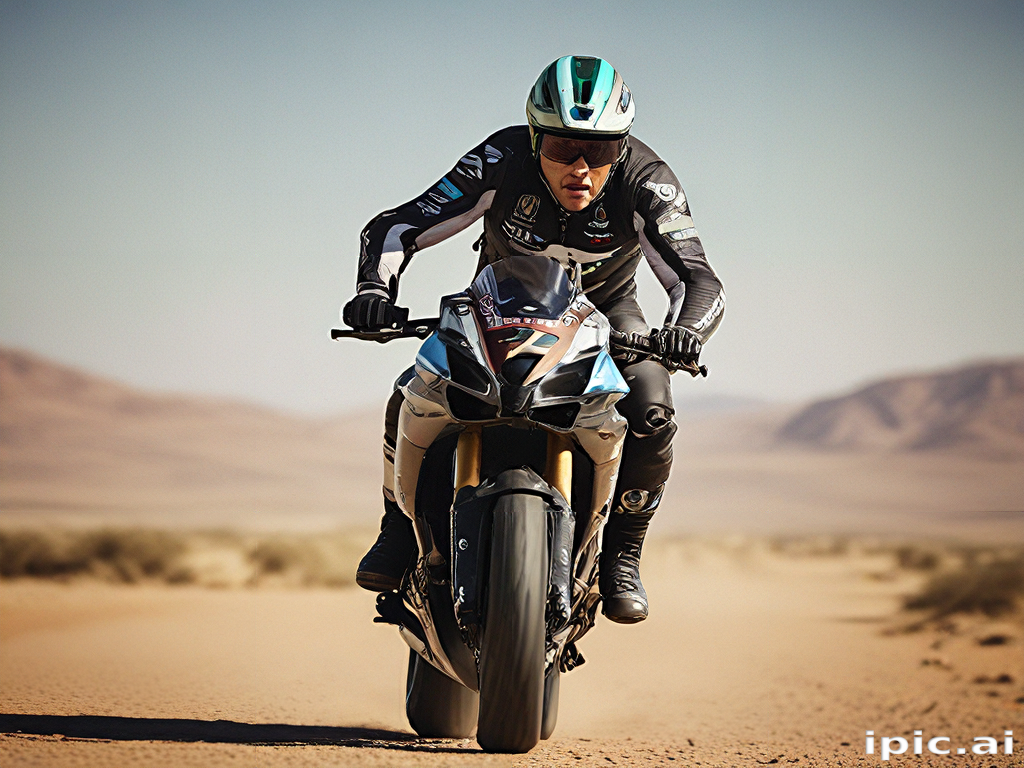 Rider in Full Gear Accelerates on a Desert Road with Confidence