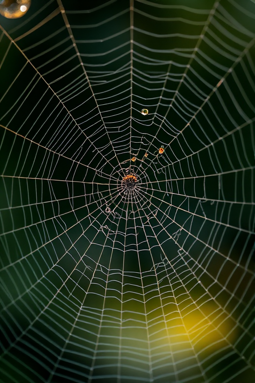 Regenerate a detailed image of a spider web with intricate patterns, high resolution, macro lens, f/2.8 aperture, ISO 100, 1/200 sec shutter speed, top-down view, natural lighting.