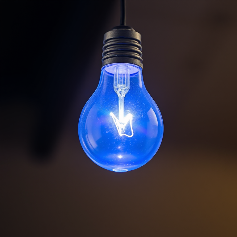 Create a high-resolution image of a glowing blue lightbulb hanging from a thin wire, taken with a DSLR camera at f/2.8, ISO 100, 1/250 sec, using a macro lens from a low angle perspective to emphasize the light and details in the bulb.