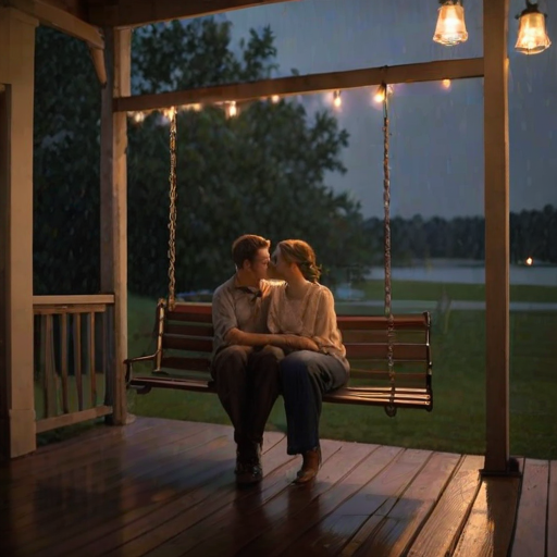 Warmly lit image of a couple sitting on a porch swing, watching a summer storm roll in, soft glow from nearby lanterns casting warm shadows, with the smell of rain in the air.
