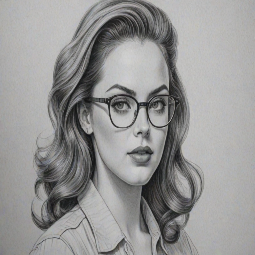 Bewitching Elizabeth Gillies, pencil sketch, portrait of Sublime woman 1947s in glasses, hair style beatnik, outline, clear lines, fine lines, 8k