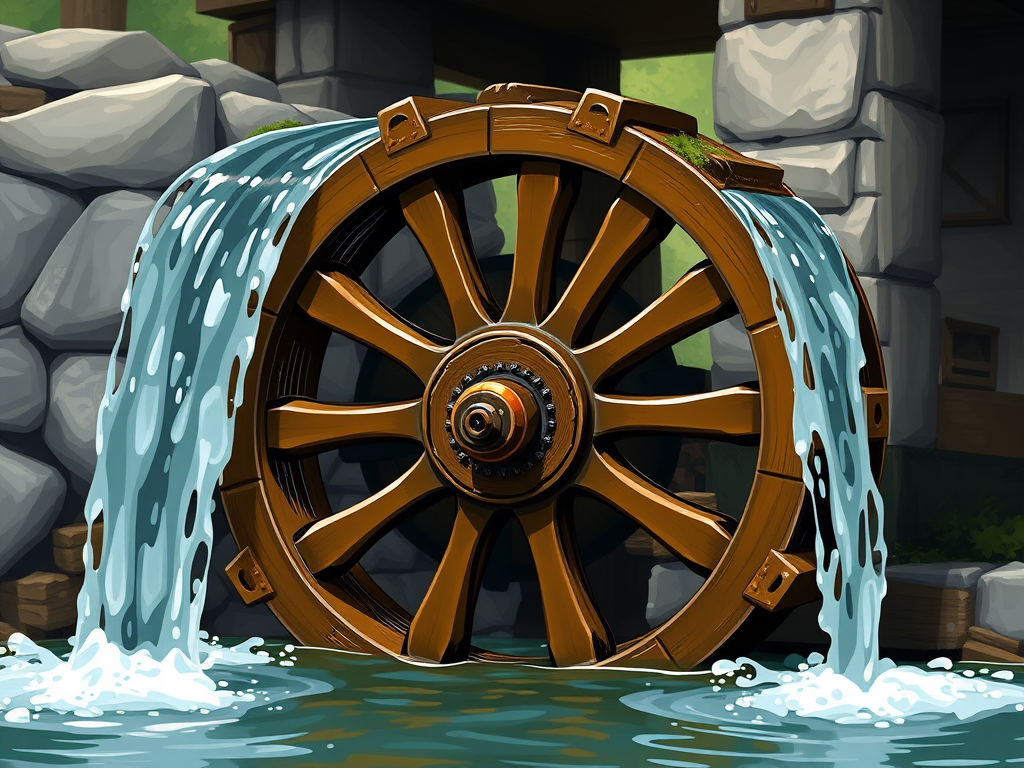 Create a high-resolution illustration of a water wheel with water flowing over it, using a DSLR camera with a 50mm lens at f/8, ISO 100, and a shallow depth of field, captured from a low angle to emphasize the wheel's details.