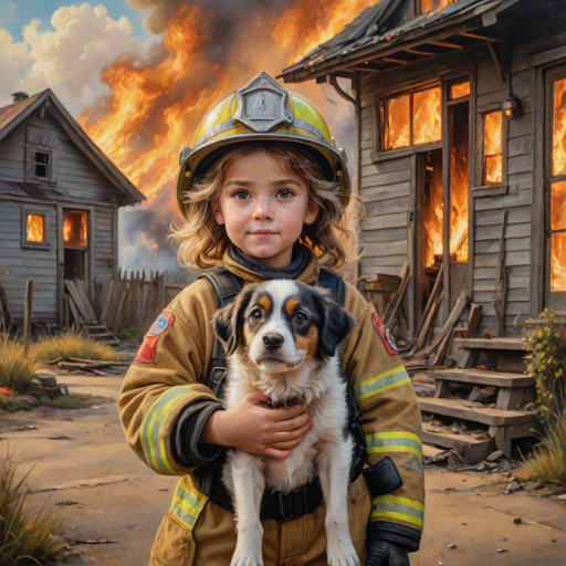 airbrushed oil painting, pixar style, cute little girl in fireman gear, helmet, tousled hair, expressive eyes, standing in the doorstep of a cottage burning behind him, holding a cute little dog in her arm, atumn sky