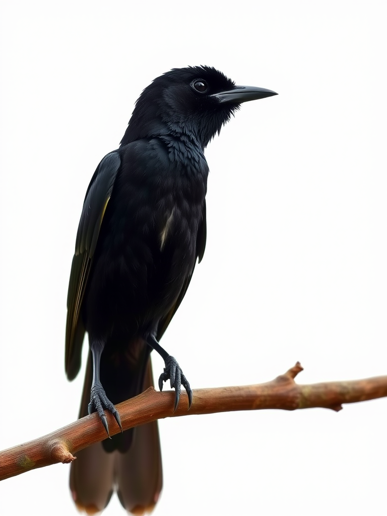 Create a highly detailed image of a black bird perched on a branch with a clean white background, using a Canon EOS R5 camera, 50mm lens, f/1.8 aperture, ISO 100, and natural lighting for enhanced quality.