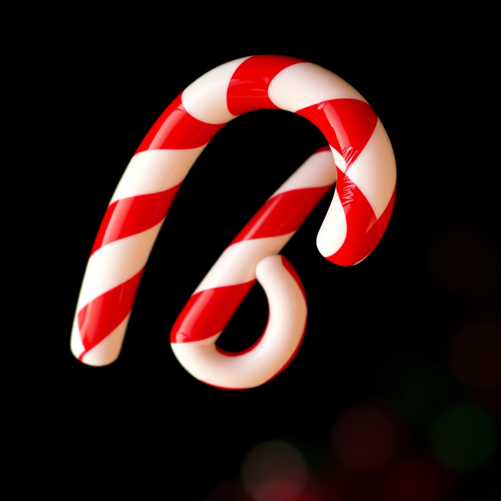 Create a vibrant image of a candy cane striped number 3 centered in a dark background, using a DSLR camera with a 50mm lens, aperture f/1.8, ISO 100, and a shallow depth of field for enhanced focus and clarity.