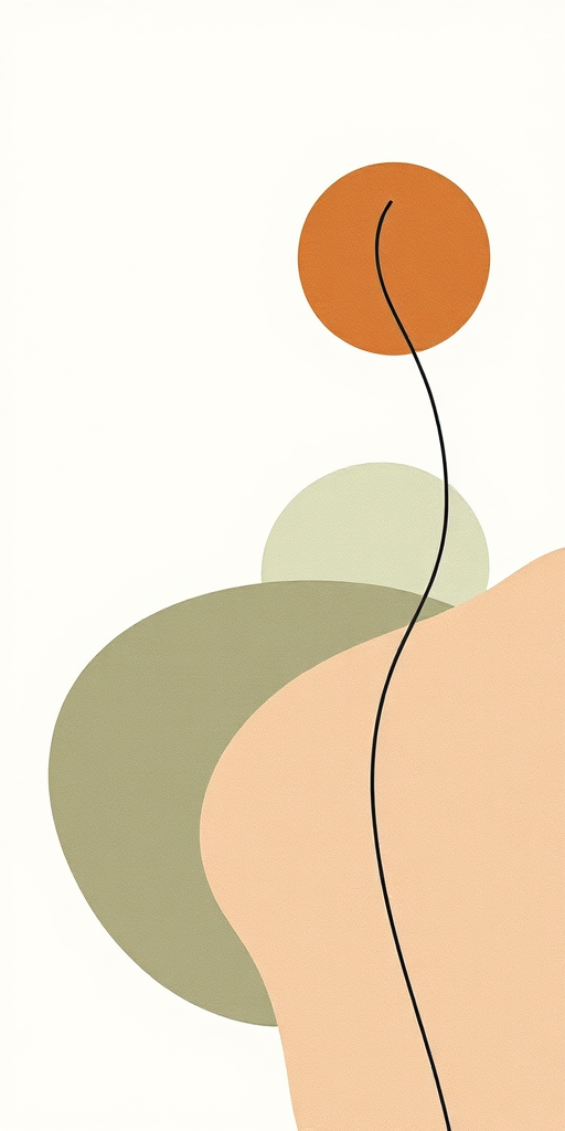 Create a minimalist abstract artwork featuring soft, organic shapes in muted earth tones like beige, mint green, and warm brown against a light cream background, with flowing lines in a dark, thin style, shot with a Canon EOS R5 at f/8, ISO 100, 50mm lens in natural soft light for enhanced texture and depth.