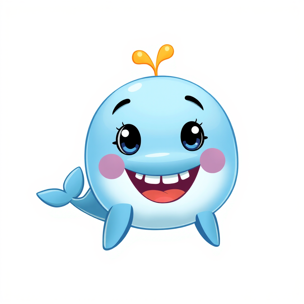 Generate a high-resolution, digitally illustrated image of a cartoon blue whale, with a bright and cheerful expression, set against a simple white background. Use a Canon EOS 5D Mark IV, f/8 aperture, ISO 100, 50mm lens, and a soft focus effect for a clean and vibrant look.