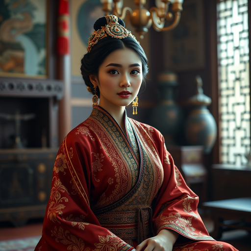 A beautiful Armenian woman in traditional East Asian attire, intricately detailed with embroidered patterns, sitting gracefully in a richly decorated room, soft ambient lighting, serene and elegant, ultra-realistic, 8K resolution