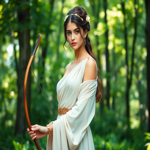 Create a portrait of a goddess-like Armenian girl figure in a tranquil, forested environment. She has an elegant appearance with long, wavy hair styled in an updo and adorned with a delicate, floral headband. She wears a flowing, ancient Greek-inspired gown in a soft, pale color, featuring a one-shoulder design and draped fabric that accentuates her graceful form. The outfit includes a decorative belt with ornate gold detailing, and she holds a bow in her hand, with a quiver of arrows slung over her shoulder. The background depicts lush greenery, with sunlight filtering through the trees, casting a gentle, ethereal light on the scene. Her expression is calm and contemplative, embodying a sense of wisdom and serenity.