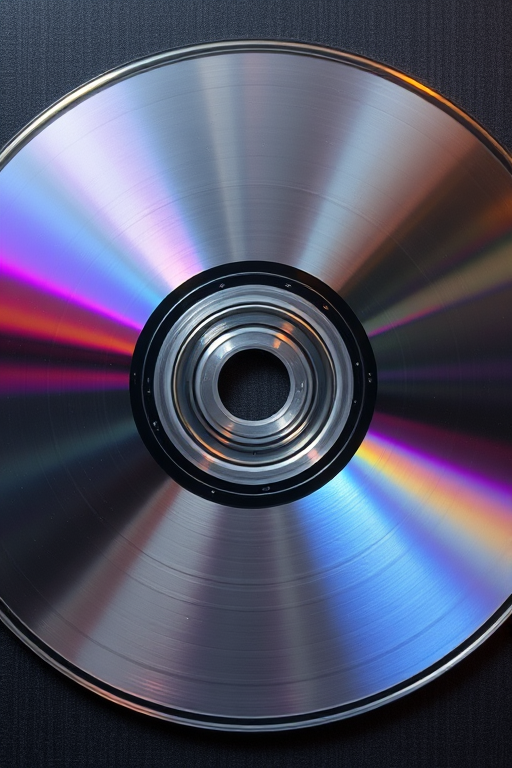 Generate a high-resolution image of a shiny silver compact disc with a reflective surface and subtle rainbow hues, captured using a DSLR camera at f/8 aperture, 1/100 second shutter speed, and ISO 100, with a top-down view and soft diffused lighting.