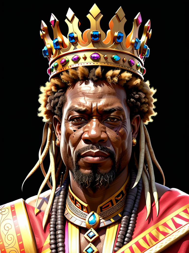 King Raskel Majestic Portrait of a Regal King Adorned with a Crown and Jewelry