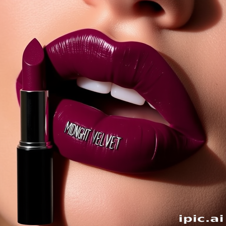 Sultry deep plum "Midnight Velvet" lipstick envelops pouty lips in rich, velvety color, boasting a creamy texture and intense pigmentation for bold evening looks