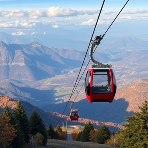 Regenerate the image of a red cable car ascending a mountain with a picturesque view of valleys and autumn foliage in the background, using a DSLR camera, 24mm lens, f/8 aperture, ISO 200, and a panoramic view to enhance detail and depth.