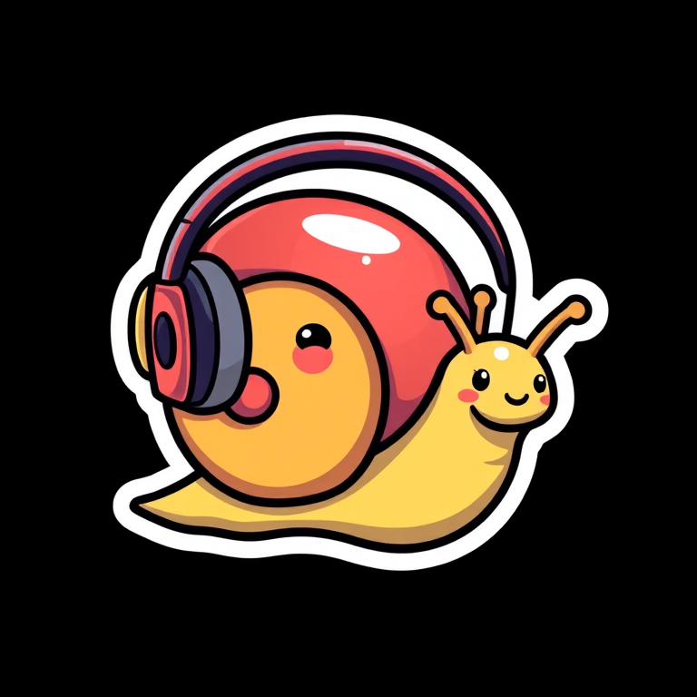 design sticker, Happy Colorful Snail wearing Headphones, kawaii, contour, vector, black background