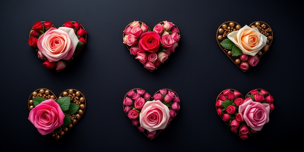 Create a high-resolution image featuring six heart designs with roses in various colors and styles on a black background, using a Canon EOS R5 camera with a 50mm f/1.2 lens, aperture set to f/2.8, ISO 100, and a shallow depth of field, in a flat lay arrangement for optimal clarity and detail.