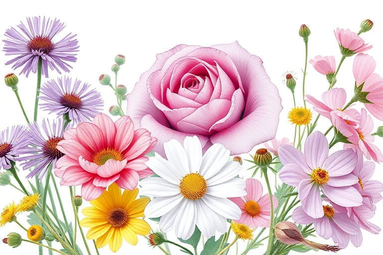 Create a high-resolution watercolor illustration of assorted flowers including purple asters, rose, white cosmos, yellow flowers, and pink blossoms, with a soft focus background, shot with a Canon EOS 5D Mark IV, 50mm lens, f/2.8 aperture, natural light, and in a portrait orientation.