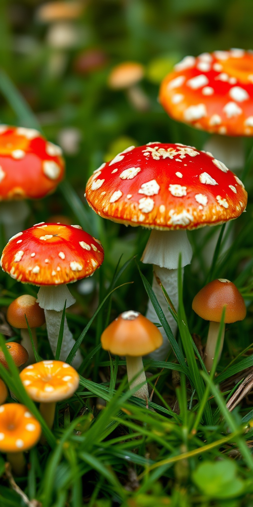 Regenerate an illustration of colorful mushrooms with vibrant red caps and white spots, surrounded by green grass and smaller mushrooms, captured using a DSLR camera with a 50mm lens, f/2.8 aperture, ISO 100, capturing soft focus and vivid colors in a close-up view.