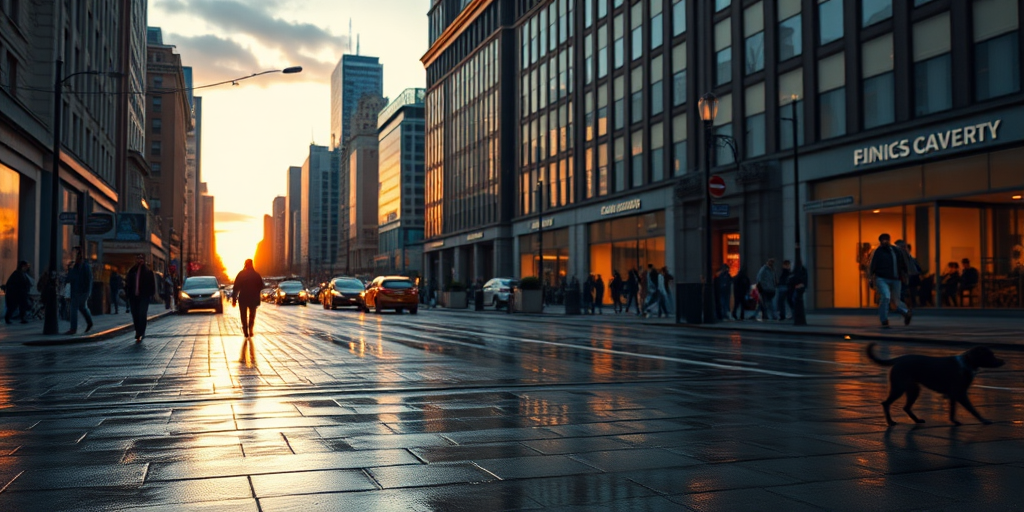 regenerate an atmospheric cityscape during sunset with reflections on wet streets and silhouettes of people and dogs, using a DSLR camera, 35mm lens, f/4 aperture, ISO 200, at a low angle view for added depth and clarity, capturing soft, diffused light.
