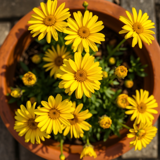 photograph of vibrant yellow flowers in a terracotta pot, top-down view, natural lighting, aperture f/2.8, ISO 100, shutter speed 1/200, DSLR camera, macro style