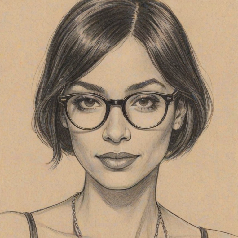 Pleasing Tamara Taylor, pencil sketch, portrait of Superb woman 1924s in glasses, hair style beatnik, outline, clear lines, fine lines, 8k