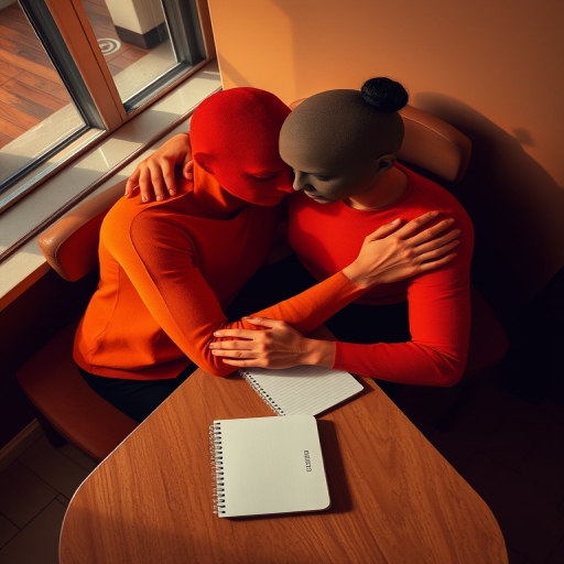 Create an image of two abstract figures in a warm color palette embracing each other while sitting at a table with a notebook, using a Canon EOS R5, 50mm lens, f/1.8 aperture, ISO 100, soft natural lighting, with a slight overhead view to emphasize emotion and detail.