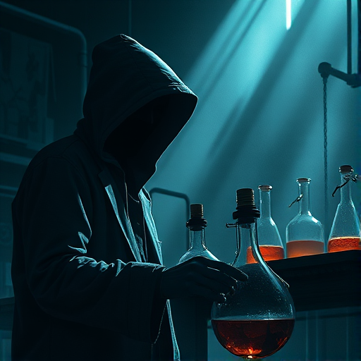 Create a detailed illustration of a hooded figure in a dark laboratory with two towering beakers, focus on eerie lighting and shadows, use a DSLR camera with a 50mm lens at f/1.8, ISO 200, shutter speed 1/60s, captured from a low angle to create depth and intensity.