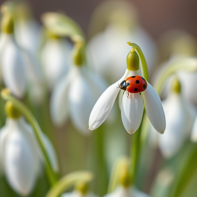 Snowdrop flowers with a ladybug perched on one, shallow depth of field, macro photography, 50mm f/1.8 lens, ISO 100, aperture f/2.8, shutter speed 1/200s, natural light.