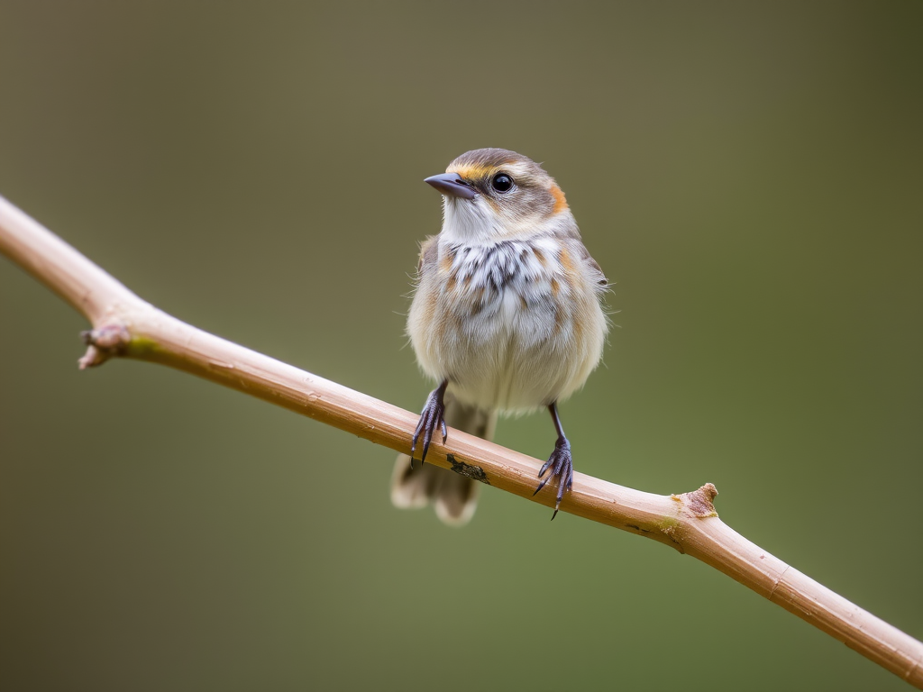 Capture a close-up of a small bird perched on a slender branch, using a Canon EF 100-400mm f/4.5-5.6L IS II USM lens, aperture set to f/5.6, ISO 400, shutter speed 1/200s, with a blurred background to emphasize the bird in a natural setting.