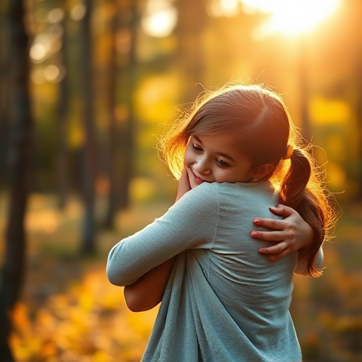 a tender moment of a mother embracing her daughter in a sunlit forest with a soft bokeh background, using a DSLR camera with a 50mm lens, aperture set to f/1.8, ISO 200, shutter speed 1/200s, natural light, warm tones, high dynamic range.